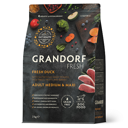 Беззерновой корм с живыми пробиотиками GRANDORF Fresh Adult MEDIUM & MAXI Duck & Sweet Potato (Свежее мясо утки с бататом для собак средних и крупных пород) 3 кг