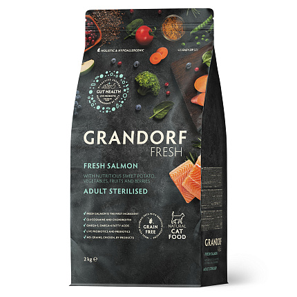 Беззерновой корм с живыми пробиотиками GRANDORF Fresh STERILISED Salmon & Sweet Potato (Свежее филе лосося с бататом для стерилизованных кошек) 2 кг