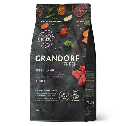Беззерновой корм с живыми пробиотиками GRANDORF Fresh ADULT Lamb & Sweet Potato (Свежее мясо ягненка с бататом для кошек) 2 кг