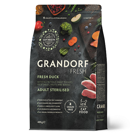 Беззерновой корм с живыми пробиотиками GRANDORF Fresh STERILISED Duck & Sweet Potato (Свежее мясо утки с бататом для стерилизованных кошек) 400 г