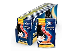 FELIX SENSATIONS СУПЕРВКУС Влажный корм Паучи Пурина Феликс Супервкус для взрослых кошек с индейкой и ягодами в желе (цена за упаковку) 75г х 26шт