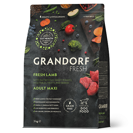 Беззерновой корм с живыми пробиотиками GRANDORF Fresh Adult MAXI Lamb & Sweet Potato (Свежее мясо ягненка с бататом для собак крупных пород) 3 кг