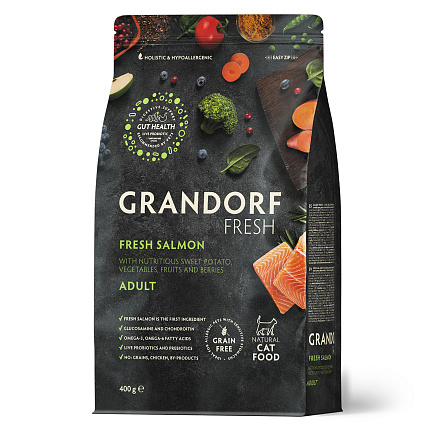 Беззерновой корм с живыми пробиотиками GRANDORF Fresh ADULT Salmon & Sweet Potato (Свежее филе лосося с бататом для кошек) 400 г