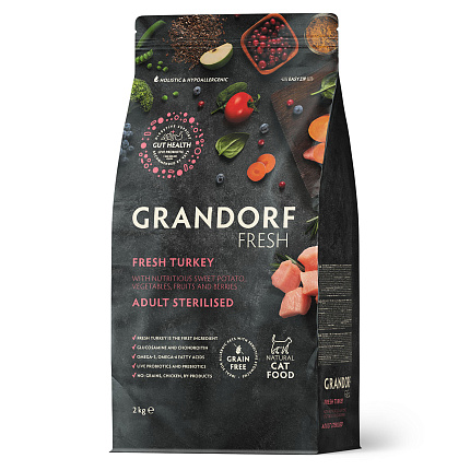 Беззерновой корм с живыми пробиотиками GRANDORF Fresh STERILISED Turkey & Sweet Potato (Свежее мясо индейки с бататом для стерилизованных кошек) 2 кг