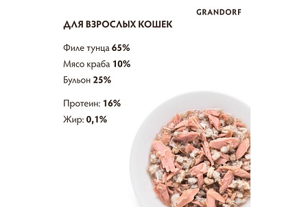 Grandorf Holistic & Hypoallergenic Консервы Грандорф для кошек филе Тунца с мясом краба (цена за упаковку) 70г х 6шт
