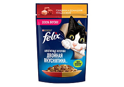FELIX АППЕТИТНЫЕ КУСОЧКИ ДВОЙНАЯ ВКУСНЯТИНА Влажный корм Паучи Феликс Аппетитные кусочки для взрослых кошек с говядиной и домашней птицей (цена за упаковку) 75г х 26шт