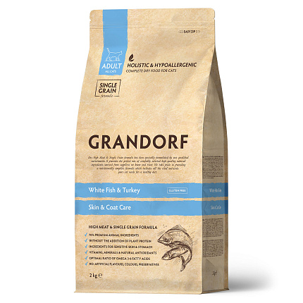 GRANDORF CAT White Fish&Turkey SKIN&CARE (Белая рыба с индейкой - забота о коже и шерсти для кошек) 2 кг.