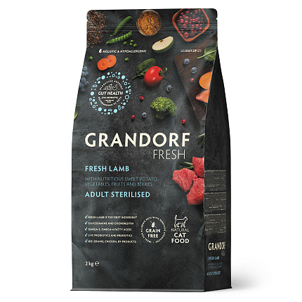 Беззерновой корм с живыми пробиотиками GRANDORF Fresh STERILISED Lamb & Sweet Potato (Свежее мясо ягненка с бататом для стерилизованных кошек) 2 кг
