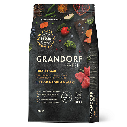 Беззерновой корм с живыми пробиотиками GRANDORF Fresh JUNIOR MEDIUM & MAXI Lamb & Sweet Potato (Свежее мясо ягненка с бататом для юниоров средних и крупных пород) 10 кг