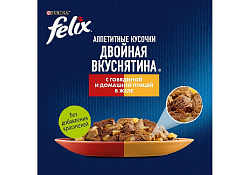 FELIX АППЕТИТНЫЕ КУСОЧКИ ДВОЙНАЯ ВКУСНЯТИНА Влажный корм Паучи Феликс Аппетитные кусочки для взрослых кошек с говядиной и домашней птицей (цена за упаковку) 75г х 26шт