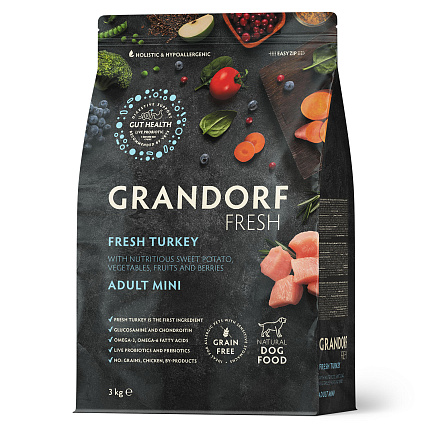Беззерновой корм с живыми пробиотиками GRANDORF Fresh Adult MINI Turkey & Sweet Potato (Свежее мясо индейки с бататом для собак мелких пород) 3 кг