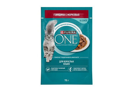 PURINA ONE ADULT Влажный корм Паучи Пурина УАН для взрослых кошек с говядиной (цена за упаковку) 75г х 26шт