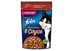 FELIX SENSATIONS Влажный корм Паучи Феликс Сенсейшенс в соусе для взрослых кошек с говядиной (цена за упаковку) 75г х 26шт