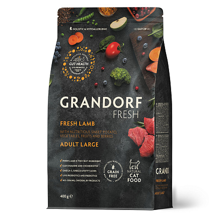 Беззерновой корм с живыми пробиотиками GRANDORF Fresh LARGE Lamb & Sweet Potato (Свежее мясо ягненка с бататом для крупных кошек) 400 г