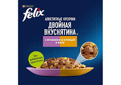 FELIX АППЕТИТНЫЕ КУСОЧКИ ДВОЙНАЯ ВКУСНЯТИНА Влажный корм Паучи Феликс Аппетитные кусочки для взрослых кошек с ягненком и курицей (цена за упаковку) 75г х 26шт