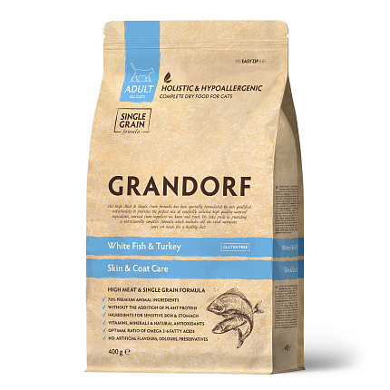 GRANDORF CAT White Fish&Turkey SKIN&CARE (Белая рыба с индейкой - забота о коже и шерсти для кошек) 400 гр.